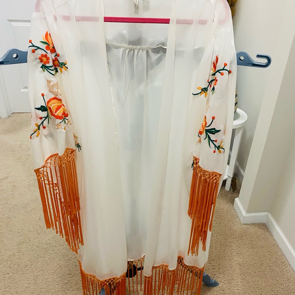 Cato White Sheer Embroidered Kimono Coverup with Orange Fringe